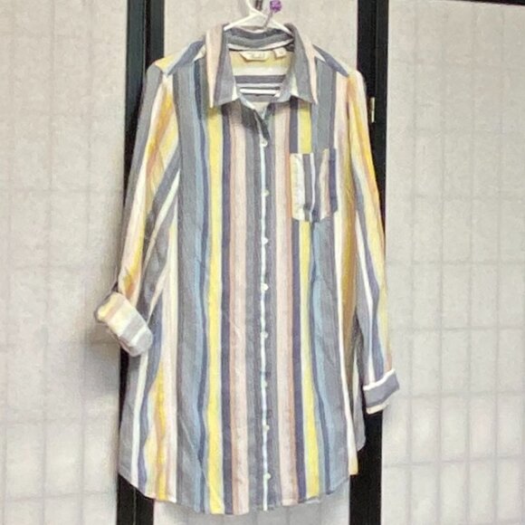 Café Marrakesh Stripe Tunic Shirt M Relaxed Roll Sleeve Button-Up Collared Top - Picture 3 of 12